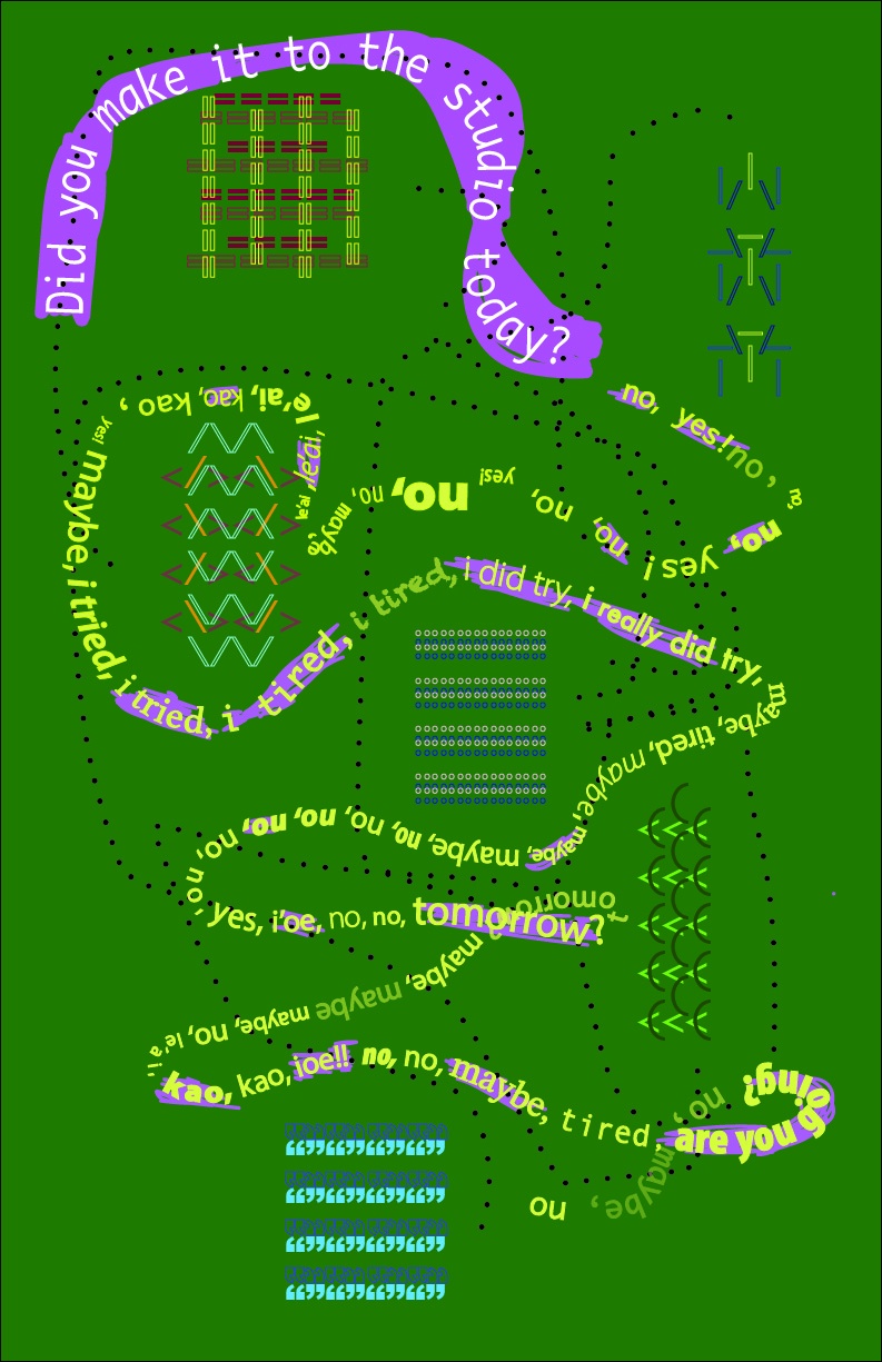 A digital drawing with a green background and text that reads “did you make it to the studio today?” Smaller text snakes in a squiggly line across the entire image, containing words and phrases like “no, yes, leai (no in Samoan), kao (no in Maori), I tried, I really did, tired, tomorrow, maybe, are you going.” Tiny colorful shapes overlap the text, including dots, rectangles, v shapes, and semi circles.