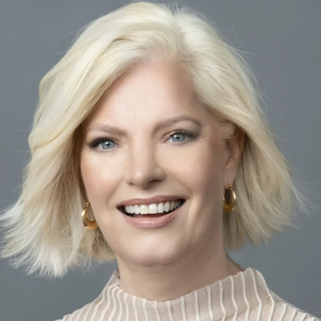A woman with short, wavy blonde hair smiles warmly at the camera. She has blue eyes and is wearing subtle makeup. Her outfit features a light-colored, ribbed top with a high neckline. Gold hoop earrings complement her look. The background is a soft gray, enhancing her features.
