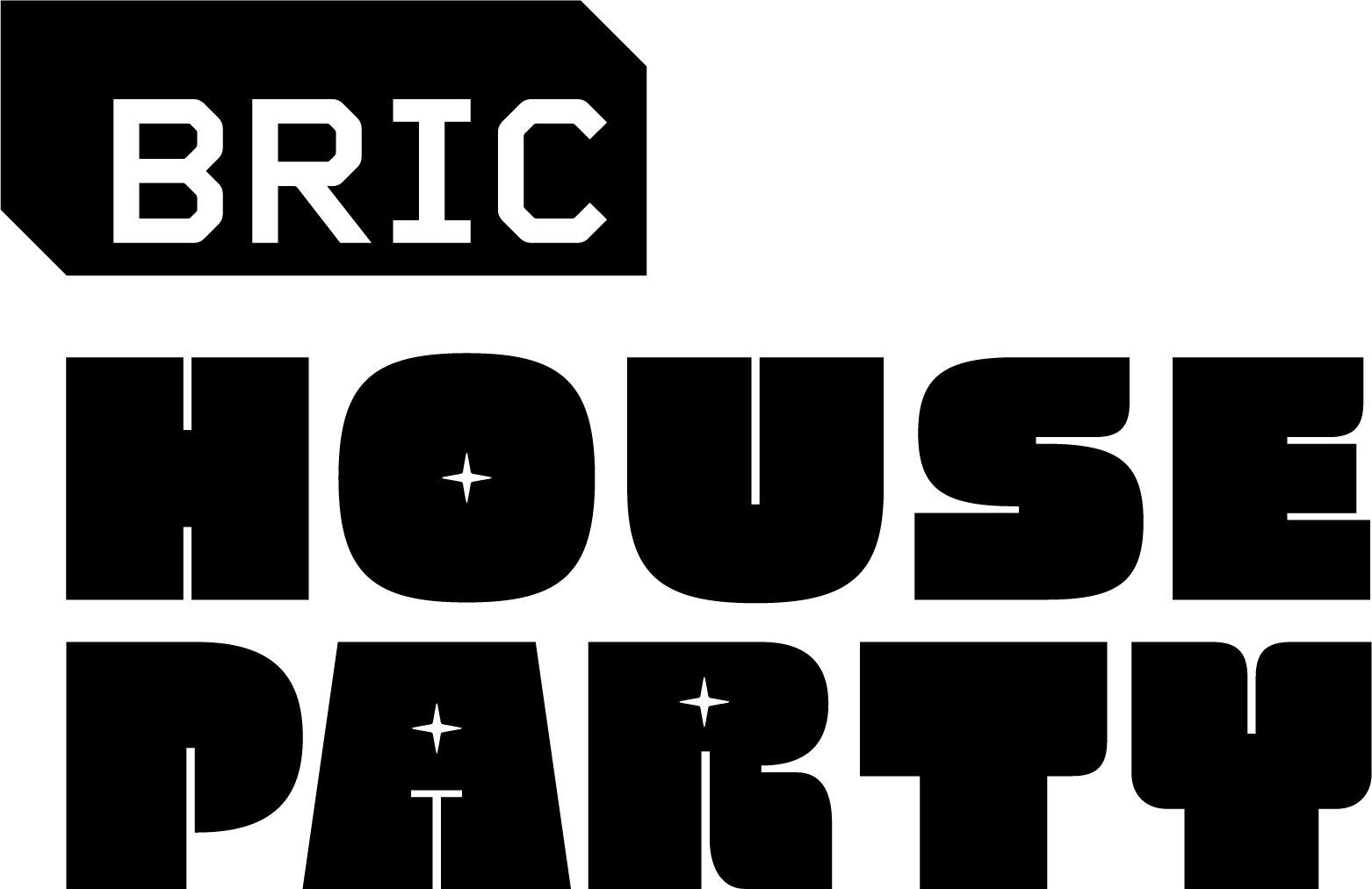 Text logo with BRIC in a small, bold font above HOUSE PARTY in a large, stylized font. The letters have star-like accents, giving it a festive appearance. The design is in black and white.